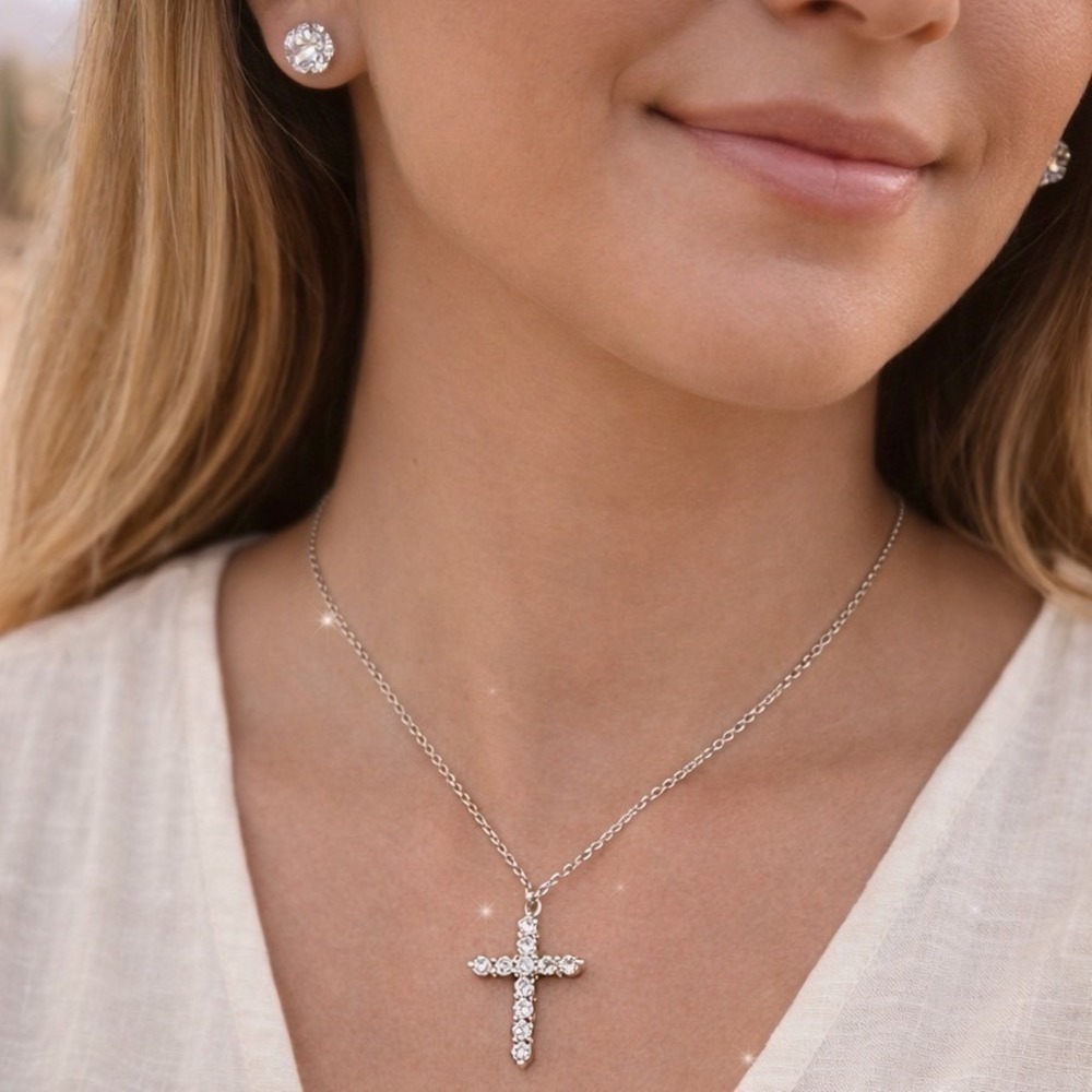 Religious Cross Necklace & Stud Earring Set Sterling Silver Moissanite Women 16 - Picture 5 of 7